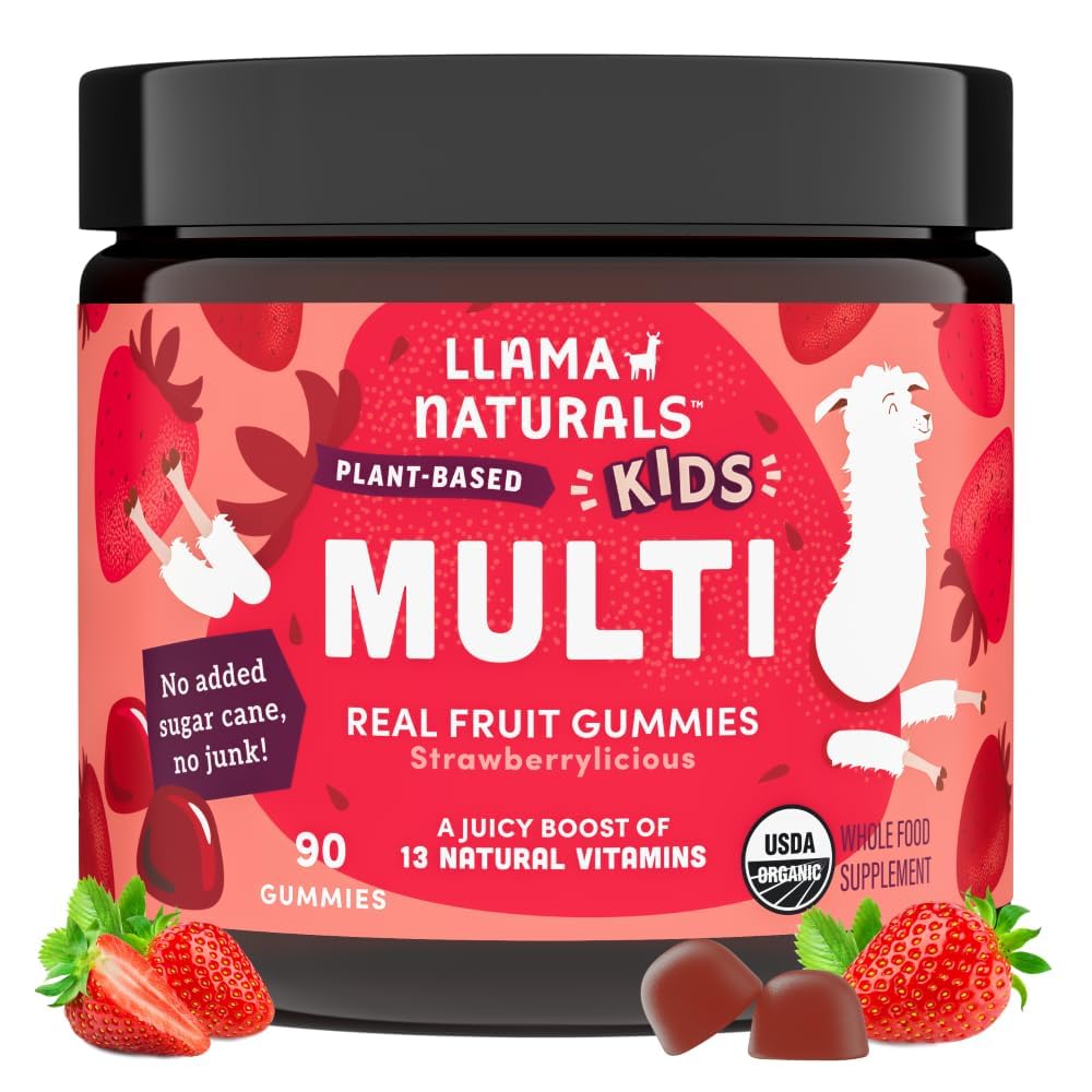Llama Naturals Kids multivitamin gummies bottle with real fruit ingredients for immune support.
