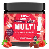 Llama Naturals Kids multivitamin gummies bottle with real fruit ingredients for immune support.