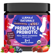 Llama Naturals Kids Probiotic bottle with mixed-berry gummies for daily gut balance.