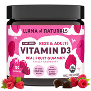 Llama Naturals Vitamin D3 gummies raspberry bottle for daily bone and immune support.