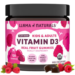 Llama Naturals Vitamin D3 gummies raspberry bottle for daily bone and immune support.