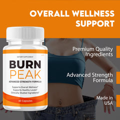 Burn Peak label highlights ingredients that support digestion and overall wellness.
