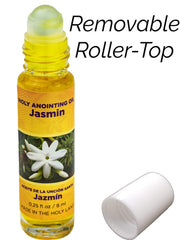 Jerusalem label on a Jasmin oil bottle showcasing Holy Land origin.