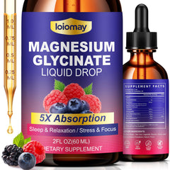 LoioMay Magnesium Glycinate Liquid Drops bottle shows 5-in-1 formula for potential sleep support.