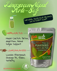Flaxseed with Nopal Forte powder close-up shows earthy texture and detox-friendly ingredients.