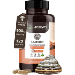 Longevity Botanicals Agarikon capsules bottle, highlighting immune support potential for daily wellness.
