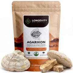 Longevity Botanicals Agarikon powder bottle highlights pure fruiting-body formula for immune support.