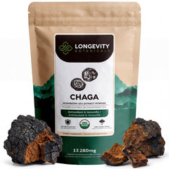 Longevity Botanicals Chaga powder bottle showing organic extract for immune balance.
