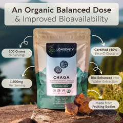 Chaga powder steeped in hot tea for comforting warmth and antioxidants.