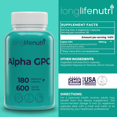 LongLifeNutri Alpha GPC 600mg capsules close-up showing pure choline source