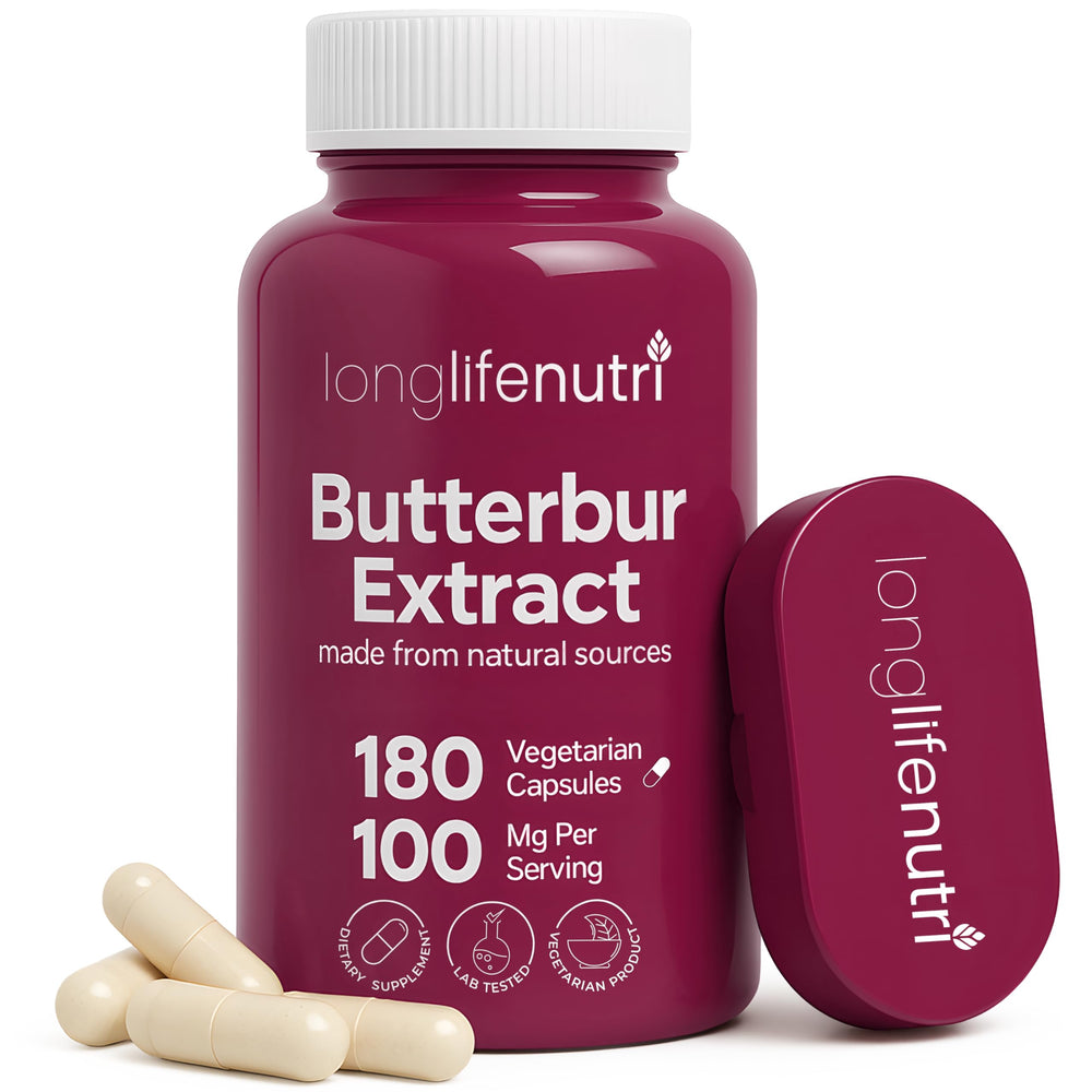 LongLifeNutri butterbur extract bottle shown for daily calm routines.
