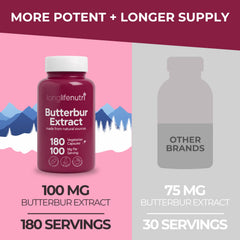 Label detail on LongLifeNutri butterbur bottle showing organic quality.