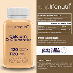 LongLifeNutri Calcium D-Glucarate capsules close-up for convenient vegan supplement routine.