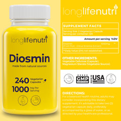Close-up of LongLifeNutri Diosmin capsules for daily intake.