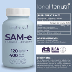 LongLifeNutri SAM-e 400mg bottle back with GMP USA certification