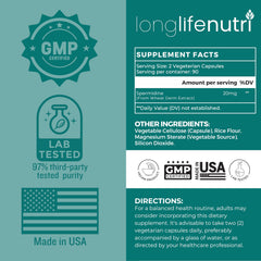 LongLifeNutri Spermidine capsules close-up indicating vegan, easy-to-swallow daily capsules.