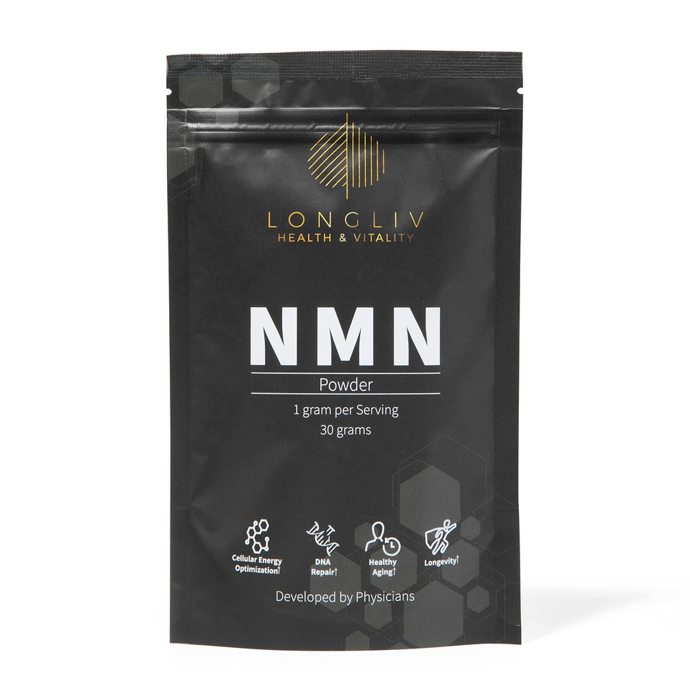LongLiv NMN powder scoop showing accurate 1000mg serving for daily energy support.