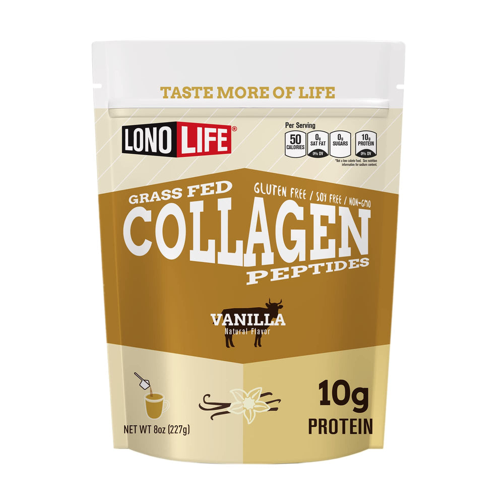LonoLife vanilla collagen peptides bottle showing convenient protein for joints and skin support