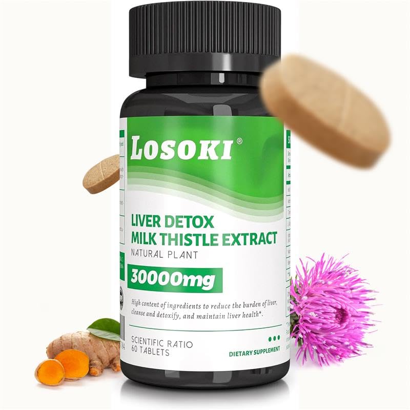 Losoki Liver Detox bottle shows 30,000 mg milk thistle blend for daily liver support.