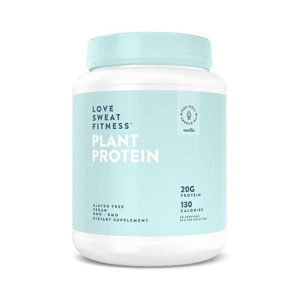 Love Sweat Fitness vanilla protein tub showing 20g protein per serving for steady energy