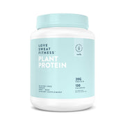 Love Sweat Fitness vanilla protein tub showing 20g protein per serving for steady energy