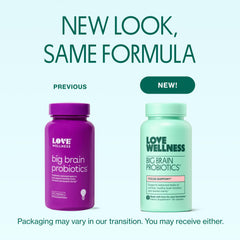 Love Wellness Big Brain Probiotics cápsula: toma diaria para claridad mental.