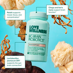 Love Wellness Big Brain Probiotics envase dentro de la caja: presentación lista para consumir.