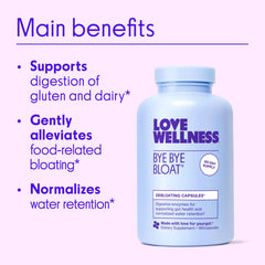 Bye Bye Bloat capsules inside bottle ready after meals.