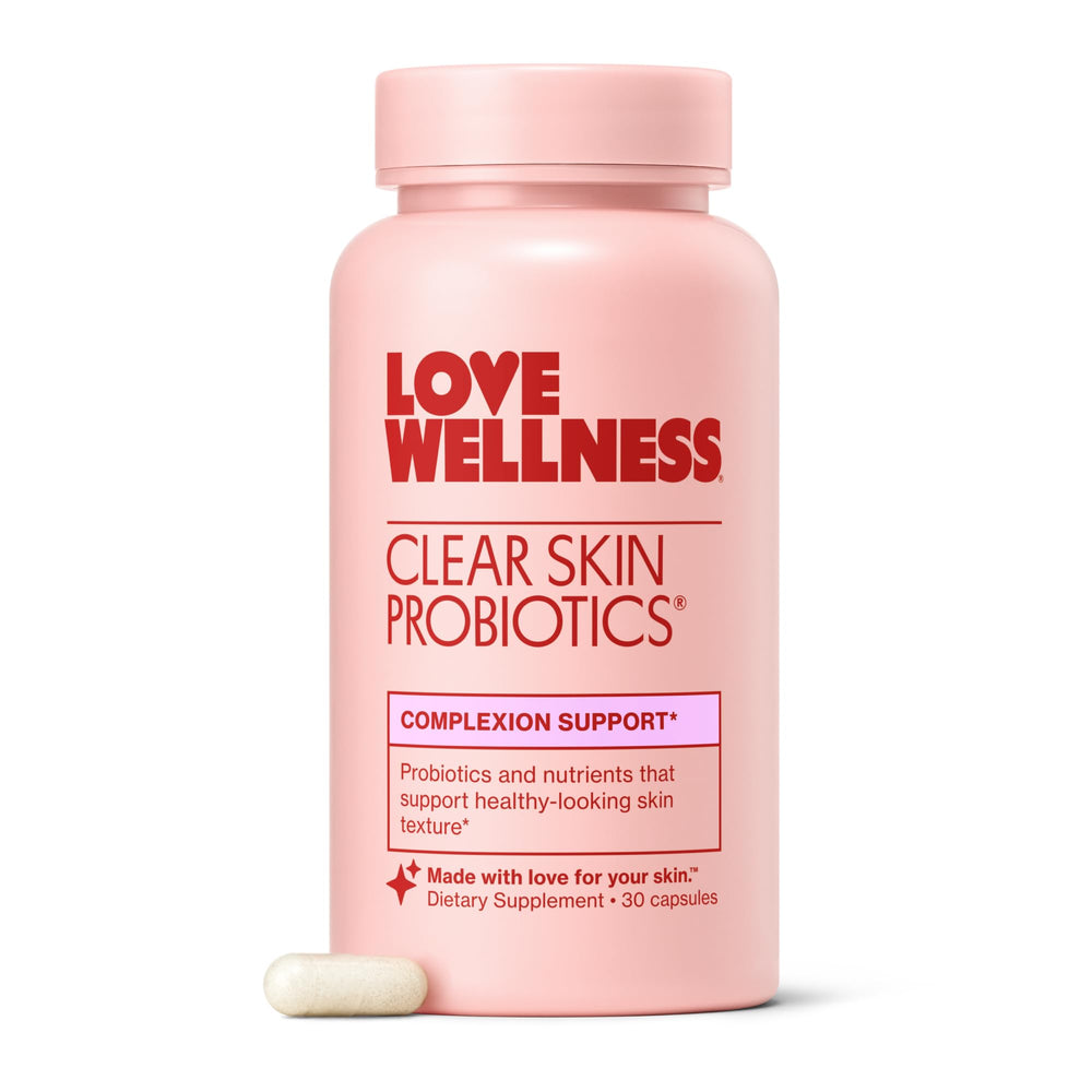 Love Wellness Clear Skin Probiotic bottle supporting clearer-looking skin