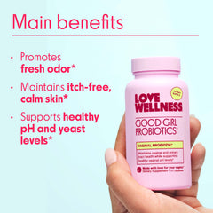Love Wellness Good Girl Probiotics bottle back, showing supplement facts and gluten-free formulation.