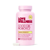 Love Wellness Good Girl Probiotics bottle front view, vegan capsule supports daily vaginal balance.