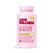 Love Wellness Good Girl Probiotics bottle front view, vegan capsule supports daily vaginal balance.