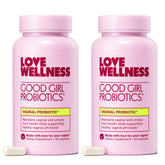 Love Wellness Good Girl Probiotics bottle pour promotes balanced vaginal pH and user-friendly daily use.