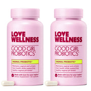 Love Wellness Good Girl Probiotics bottle pour promotes balanced vaginal pH and user-friendly daily use.