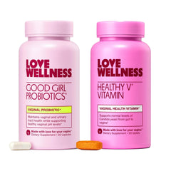 Love Wellness Good Girl Probiotics bottle showing a compact vegan capsule for balance