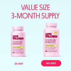 Love Wellness Good Girl Probiotics capsule close-up, compact daily vegan capsule for easy use.