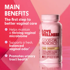 Love Wellness Good Girl Probiotics capsule closeup highlights the vegan capsule for daily support.