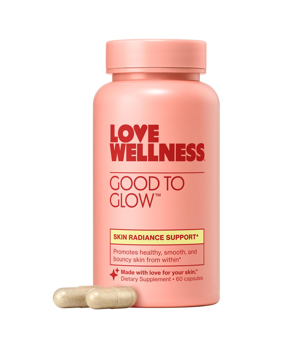 Love Wellness Good to Glow bottle pour shows antioxidant skin support with daily collagen benefits