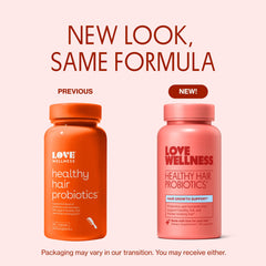 Love Wellness Healthy Hair Probiotics label close-up, vegan and gluten-free formula highlighted.