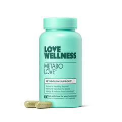 Love Wellness Metabolove bottle on counter suggesting daily metabolism support.