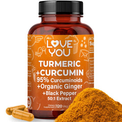 Love You turmeric-curcumin bottle showing maximum potency per serving for daily support