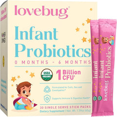 Lovebug Infant Probiotics tub with powder that dissolves easily in milk.
