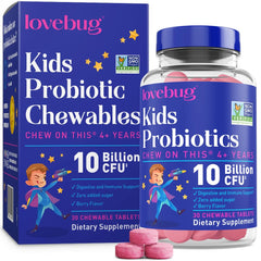 LOVEBUG Kids Probiotics bottle close-up showing a shelf-stable berry supplement for daily gut balance