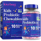 LOVEBUG Probiotics for Kids bottle front suggests daily gut support in a kid-friendly format.