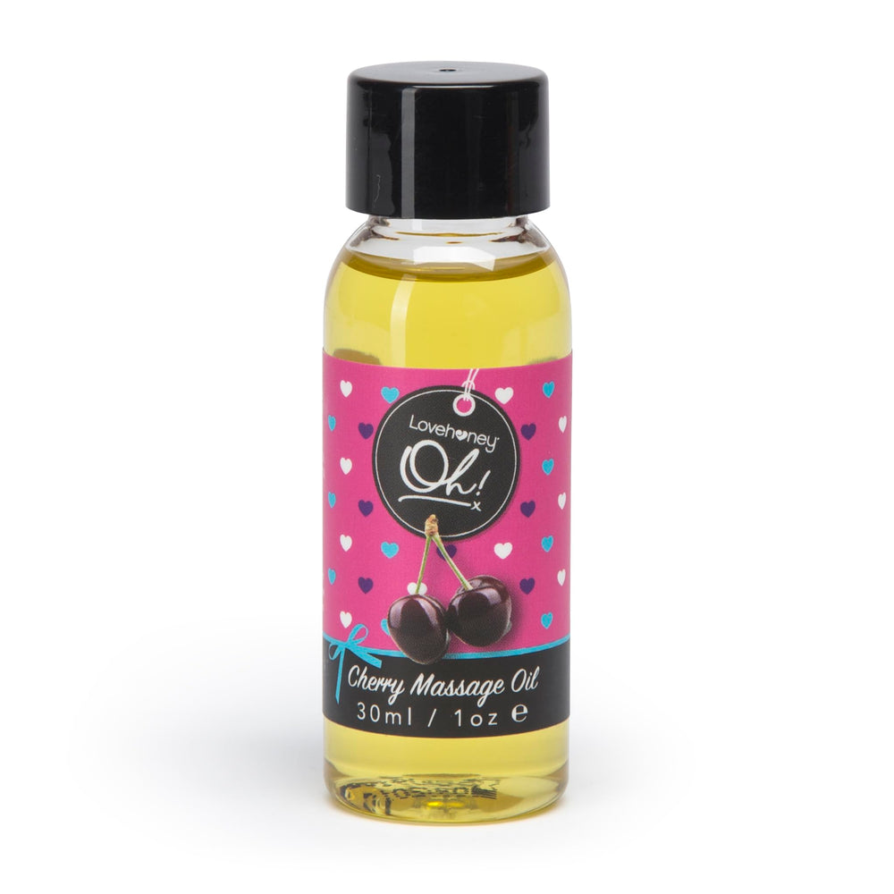 Lovehoney Cherry Massage Oil bottle close-up, perfect for a relaxing massage experience.