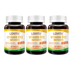 LOVITA B12 sustained-release bottle closeup for steady daytime energy support.