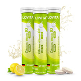 LOVITA calcium D3 effervescent bottle closeup, refreshing bone support in a drinkable form.