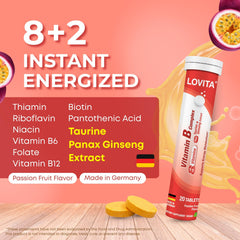 LOVITA effervescent tablet dissolving in water, easy daily nutrient boost.