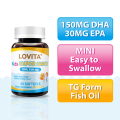 Lovita softgel close-up highlights DHA and EPA per softgel.