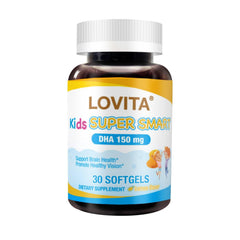 Lovita Kids Omega-3 lemon softgels bottle promotes easy daily dosing.